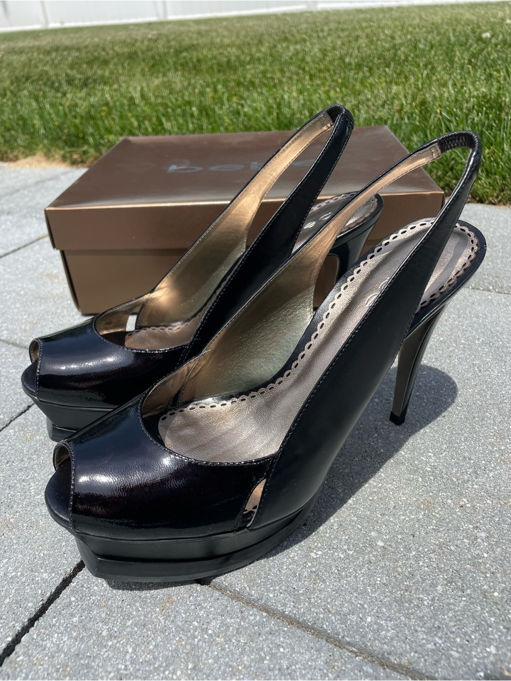 Women’s bebe Black Patent Peep-Toe Slingback Platform Heels ✨BRAND NEW✨